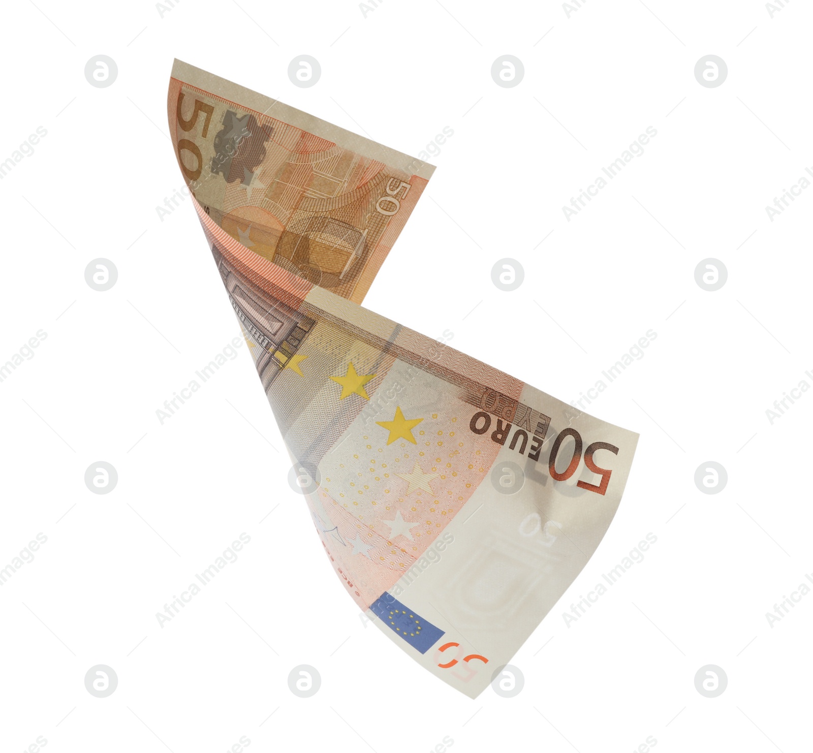 Image of 50 Euro banknote flying on white background
