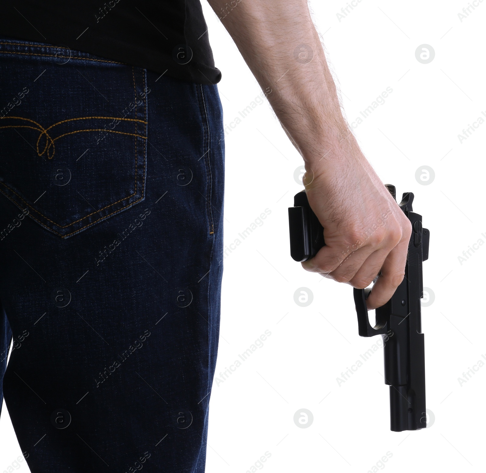 Photo of Man holding gun on white background, closeup