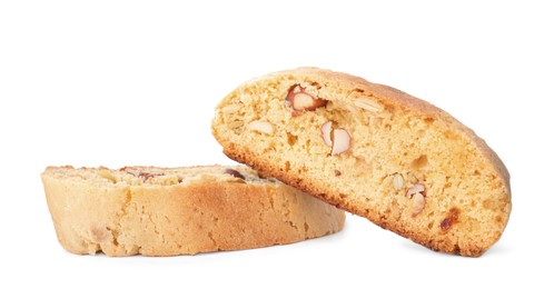 Slices of tasty cantucci with pistachio on white background. Traditional Italian almond biscuits