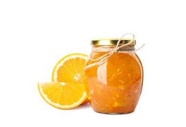 Photo of Delicious orange marmalade in glass jar and fresh fruit on white background