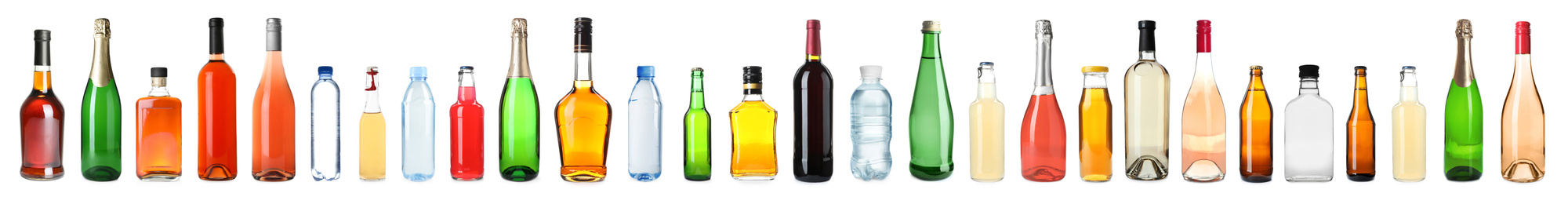 Image of Set of bottles with different drinks on white background. Banner design