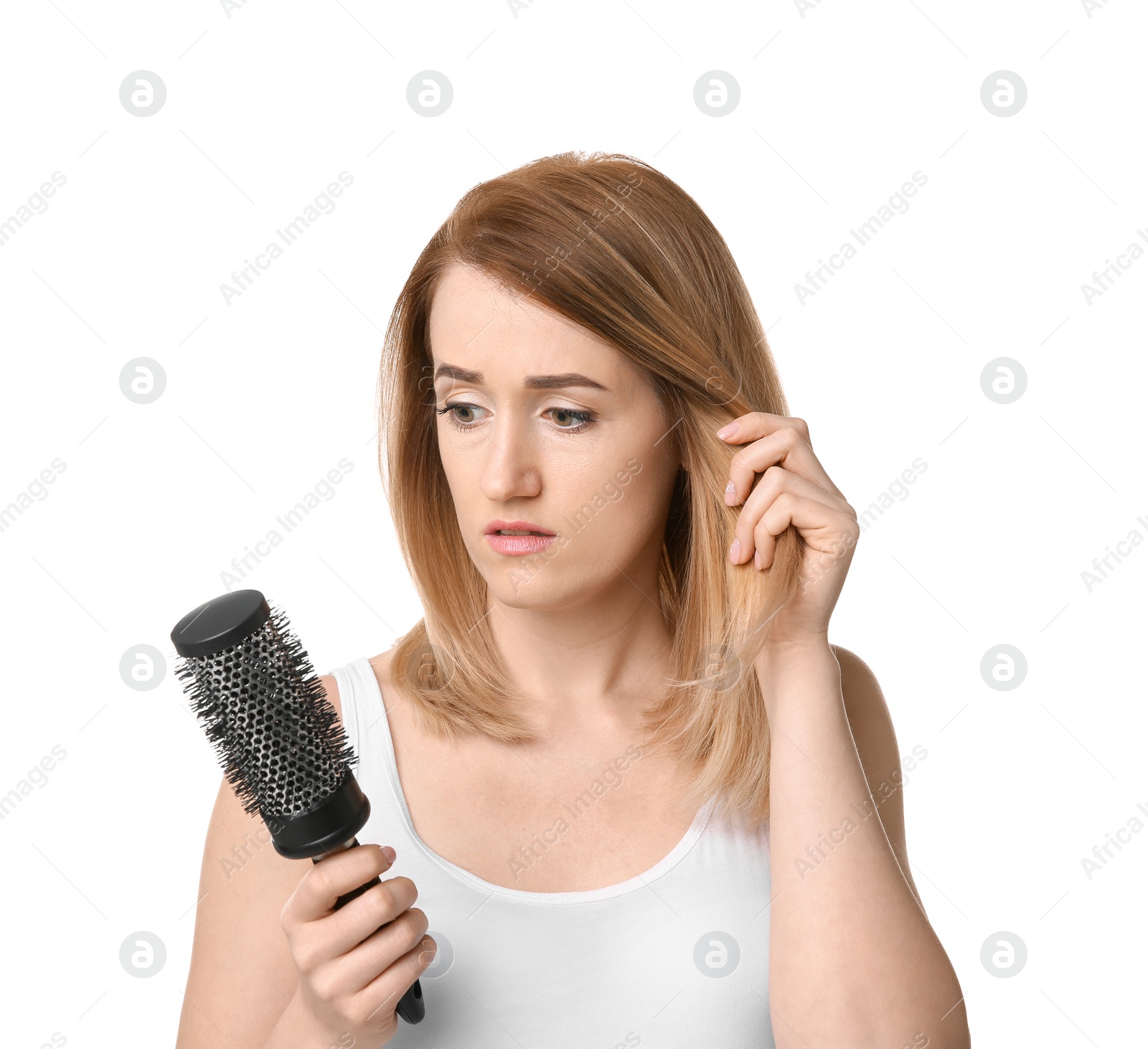 Photo of Young woman with hair loss problem on white background