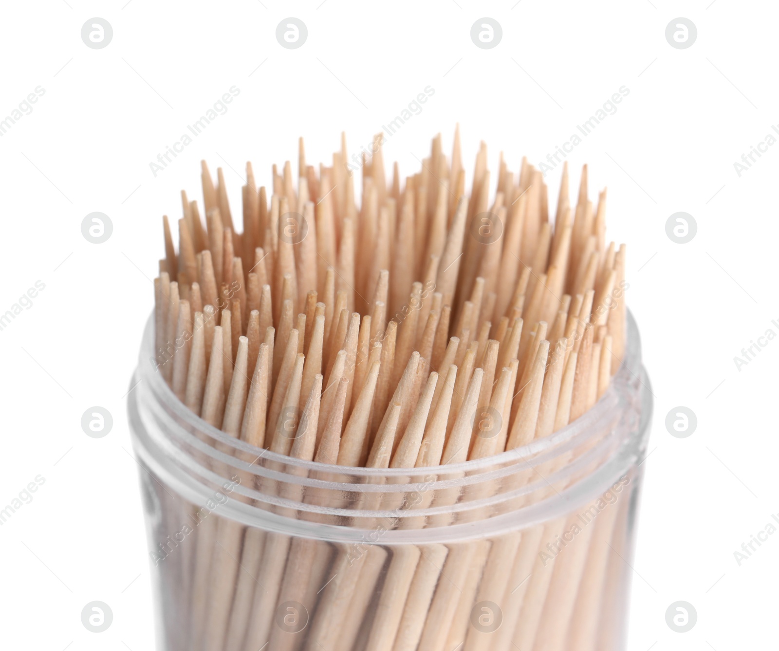 Photo of Wooden toothpicks in holder on white background, closeup