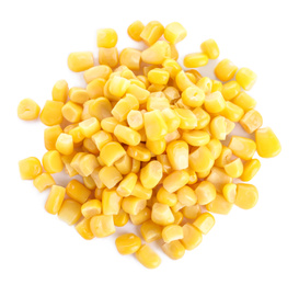 Photo of Pile of delicious canned corn isolated on white, top view