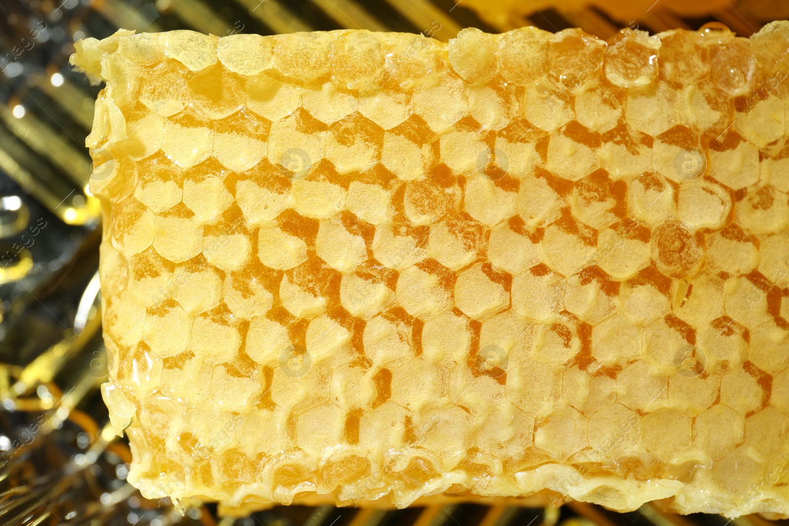 Photo of Natural honeycomb with tasty honey on blurred background, closeup