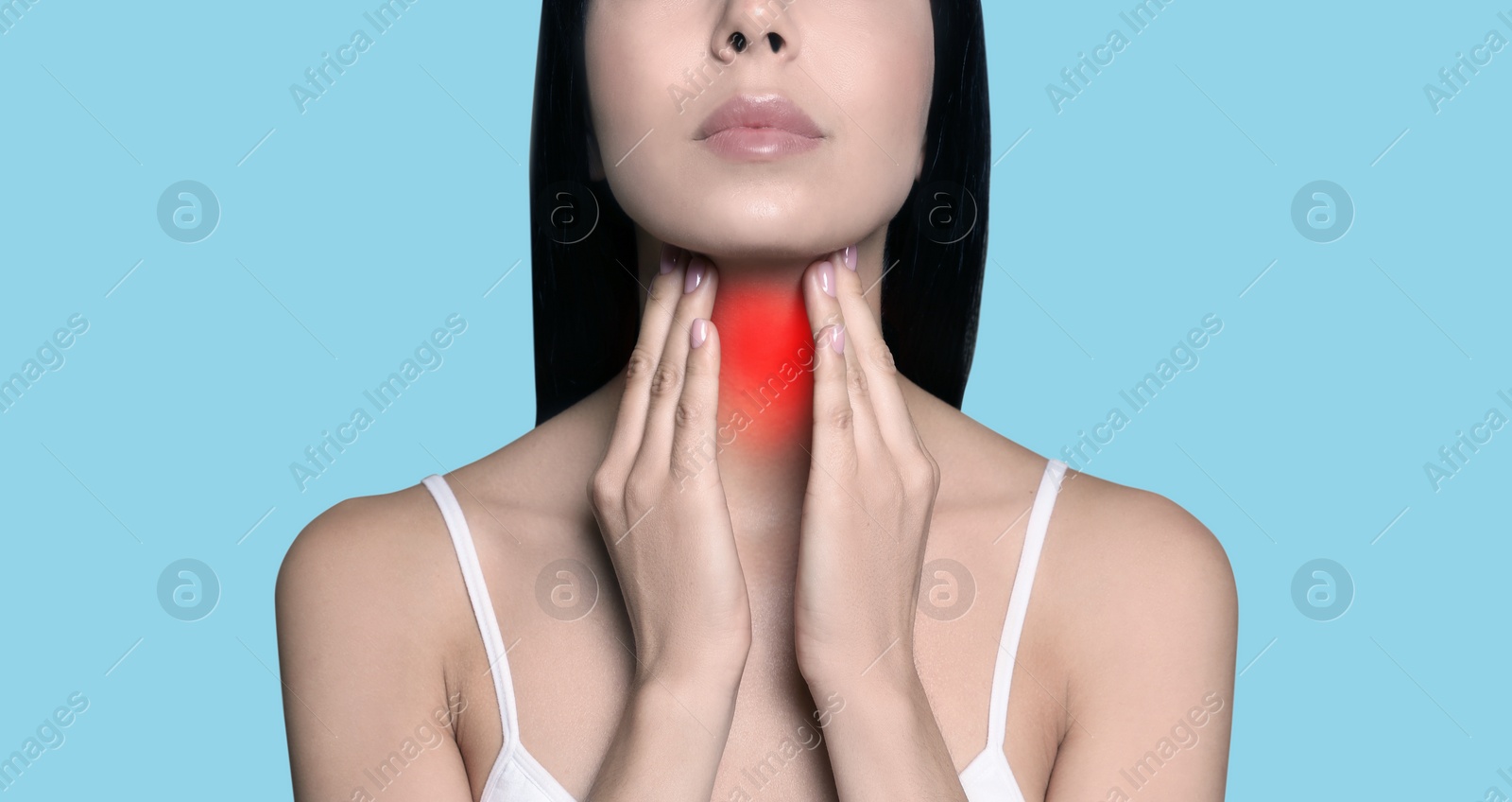 Image of Endocrine system. Woman doing thyroid self examination on light blue background, closeup. Banner design