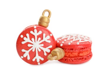 Photo of Beautifully decorated Christmas macarons on white background