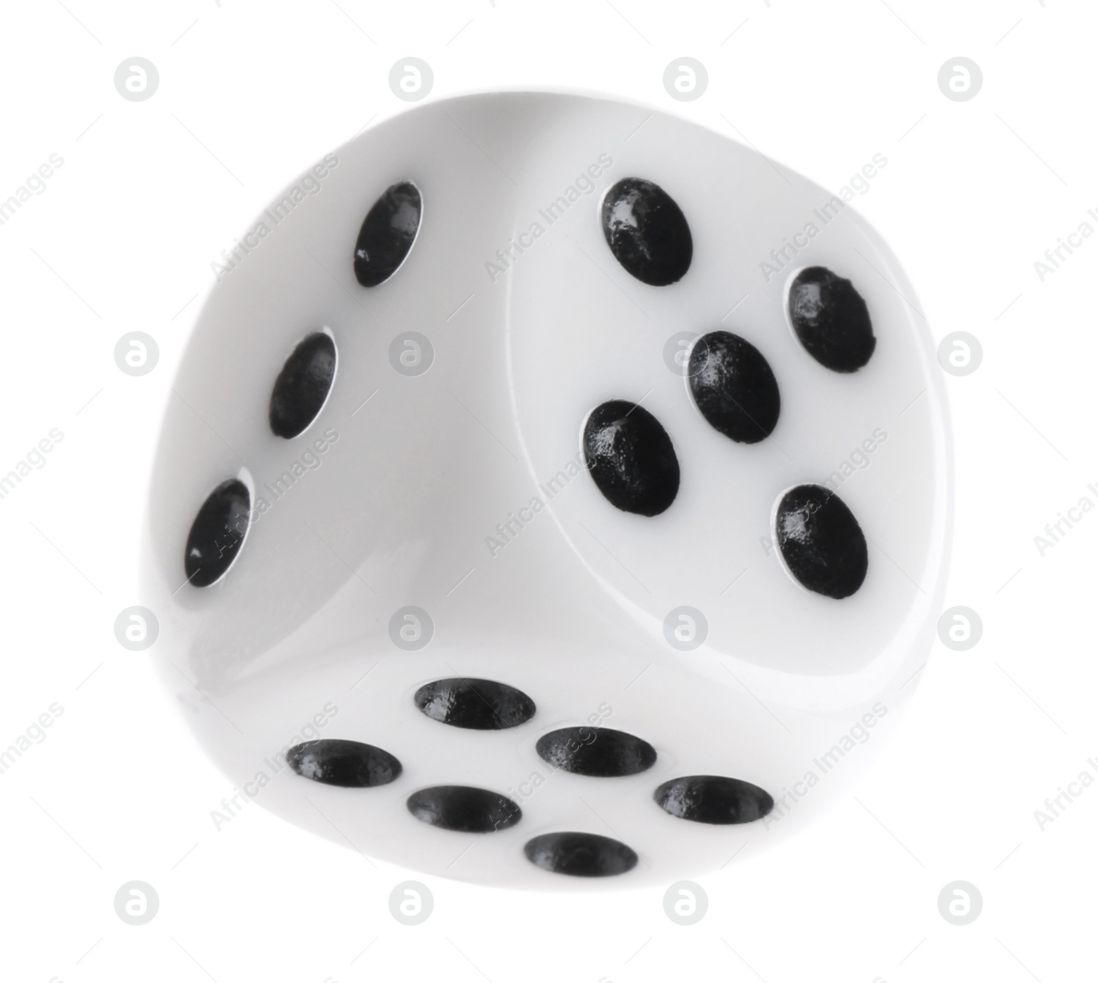 Photo of One plastic game dice isolated on white