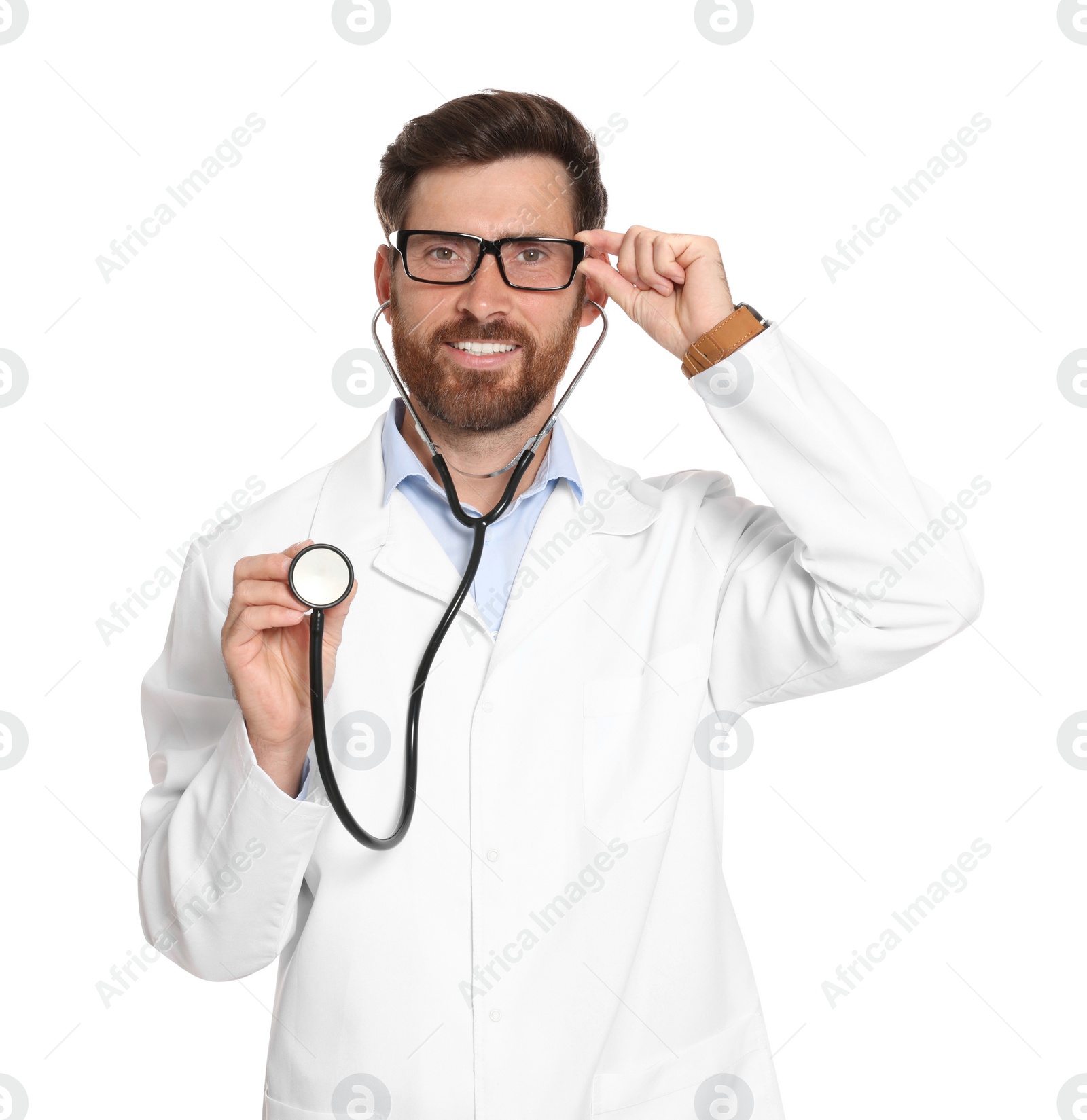 Photo of Portrait of doctor with stethoscope on white background