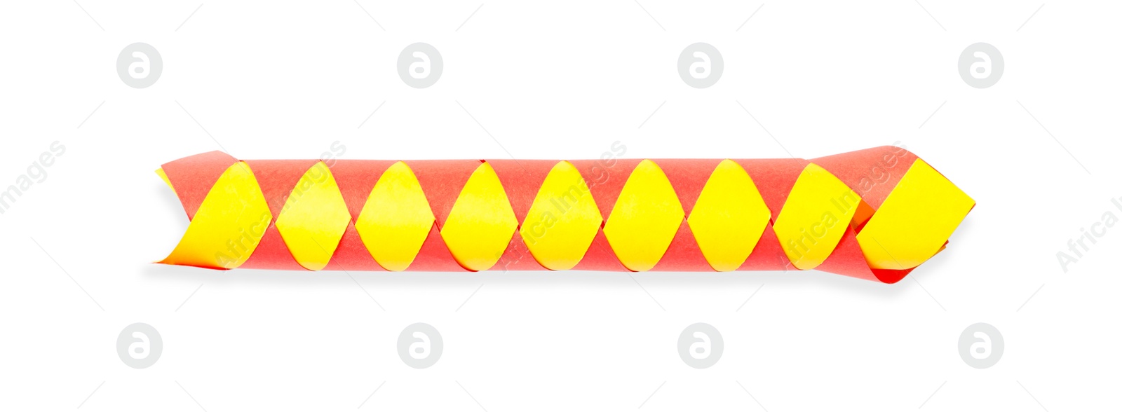 Photo of Chinese finger trap isolated on white, top view