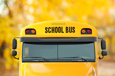 Image of Yellow school bus outdoors. Transport for students