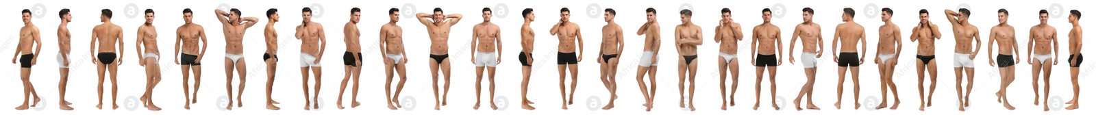 Image of Collage of man in underwear on white background. Banner design 