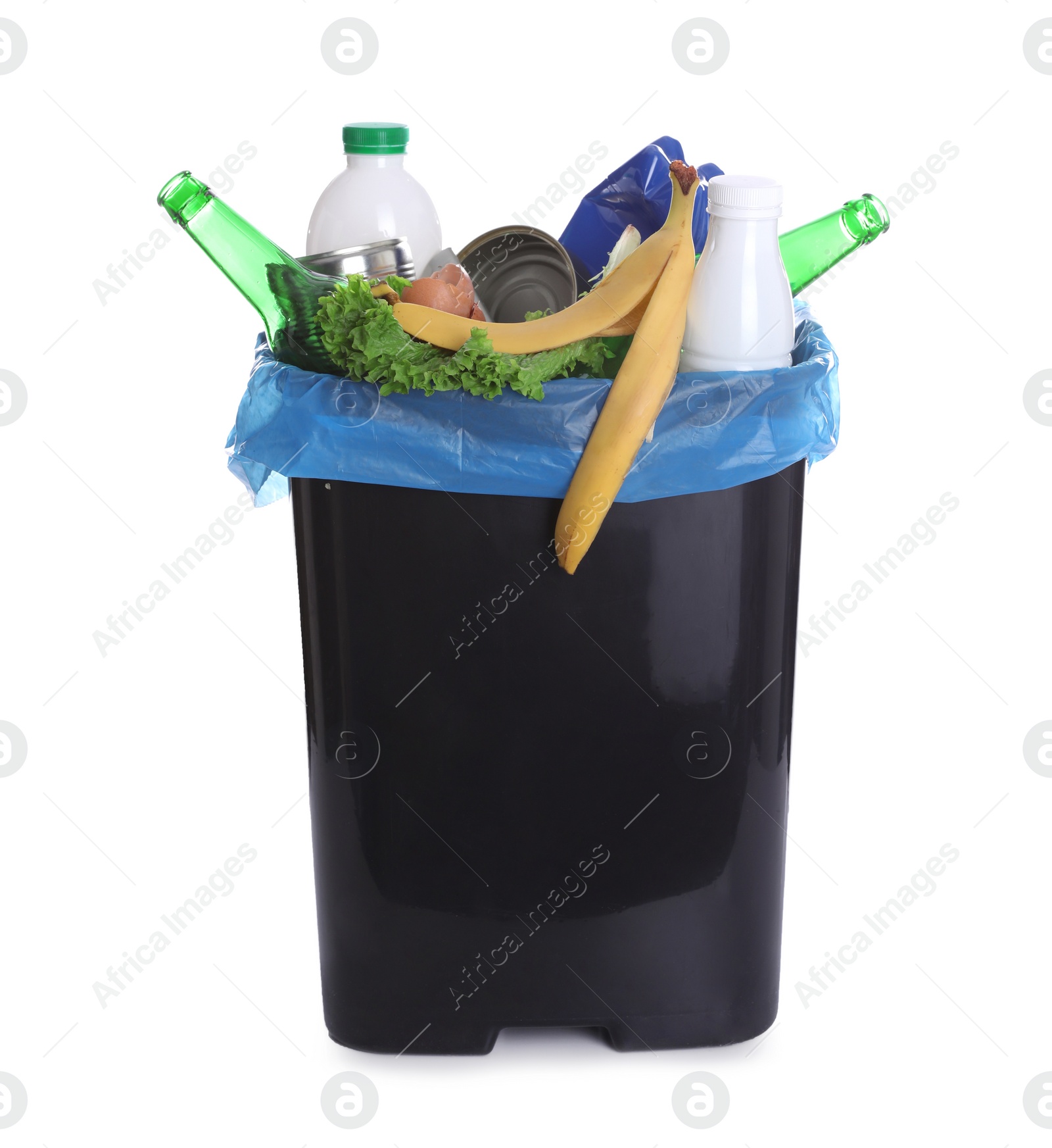 Photo of Trash bin full of garbage on white background. Recycling rubbish