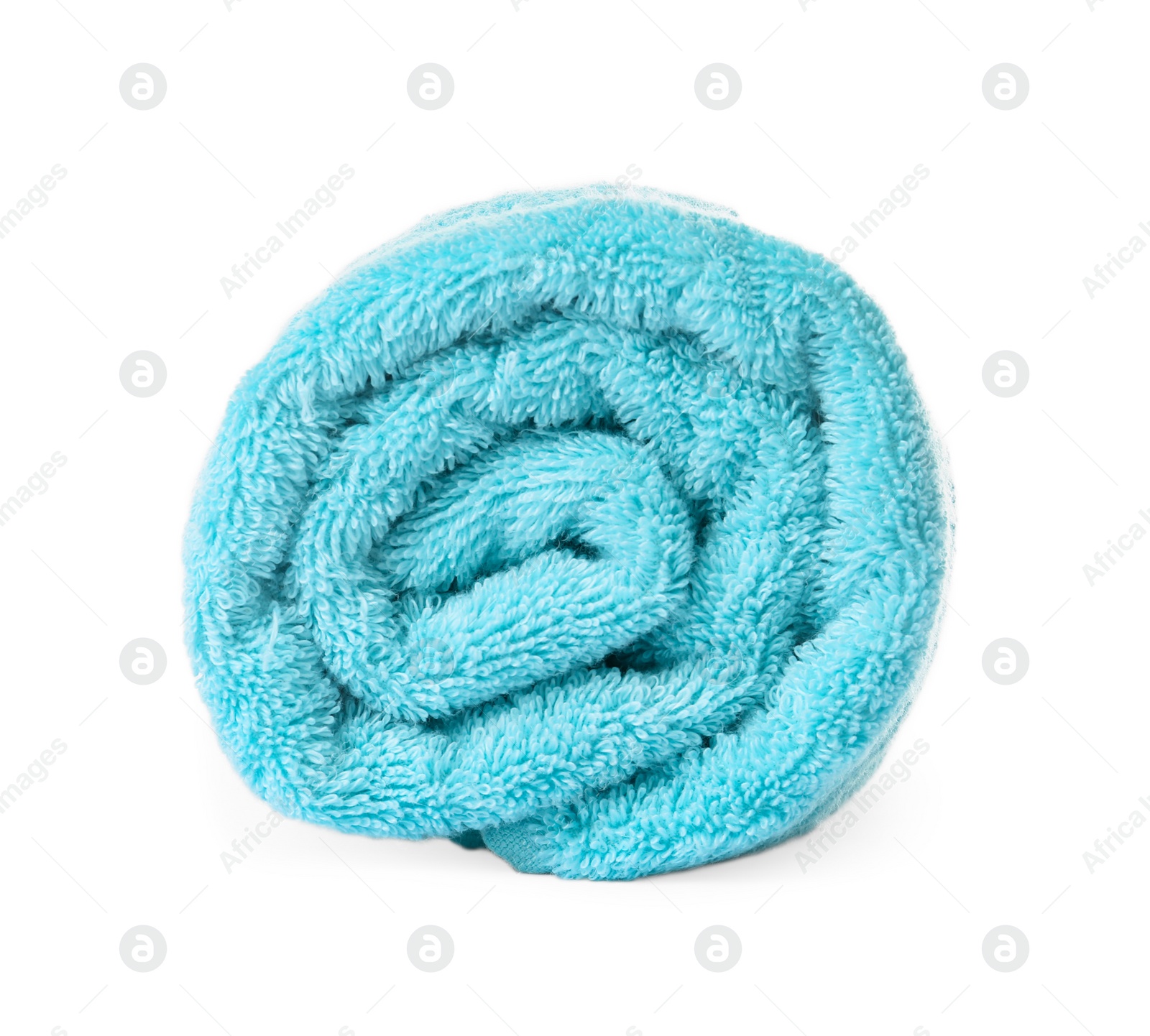 Photo of Rolled clean turquoise towel on white background