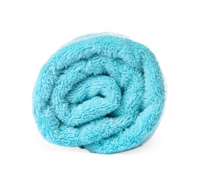 Rolled clean turquoise towel on white background