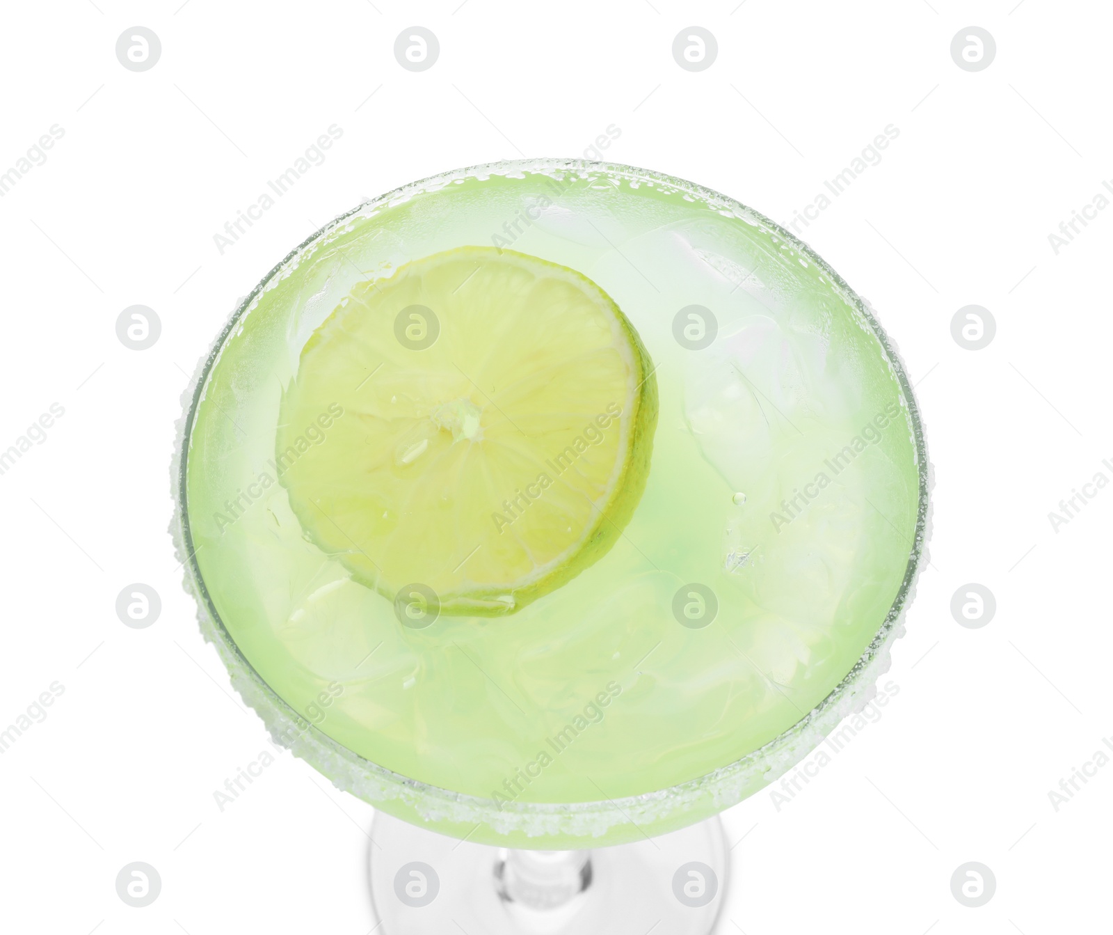 Photo of Delicious Margarita cocktail in glass isolated on white