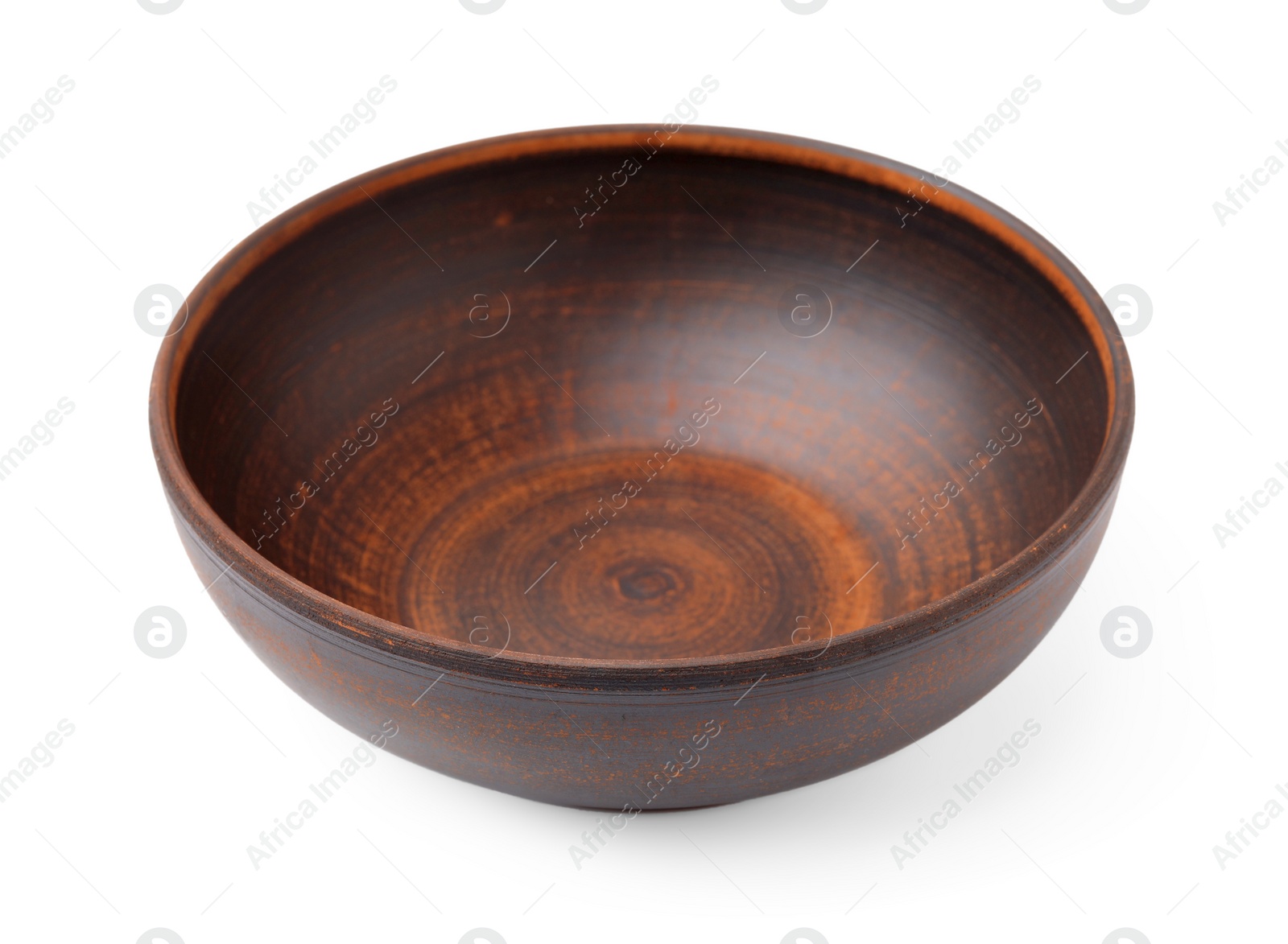 Photo of One clay bowl isolated on white. Cooking utensil