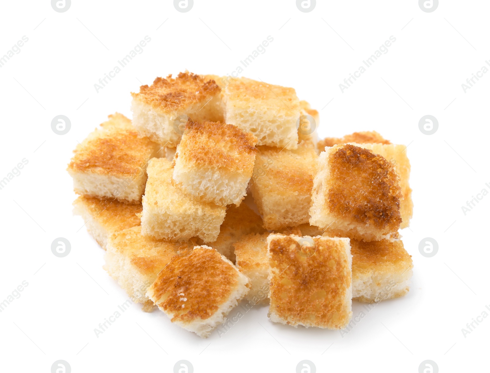 Photo of Pile of delicious crispy croutons on white background