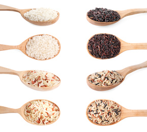 Image of Set with different types of rice in spoons on white background