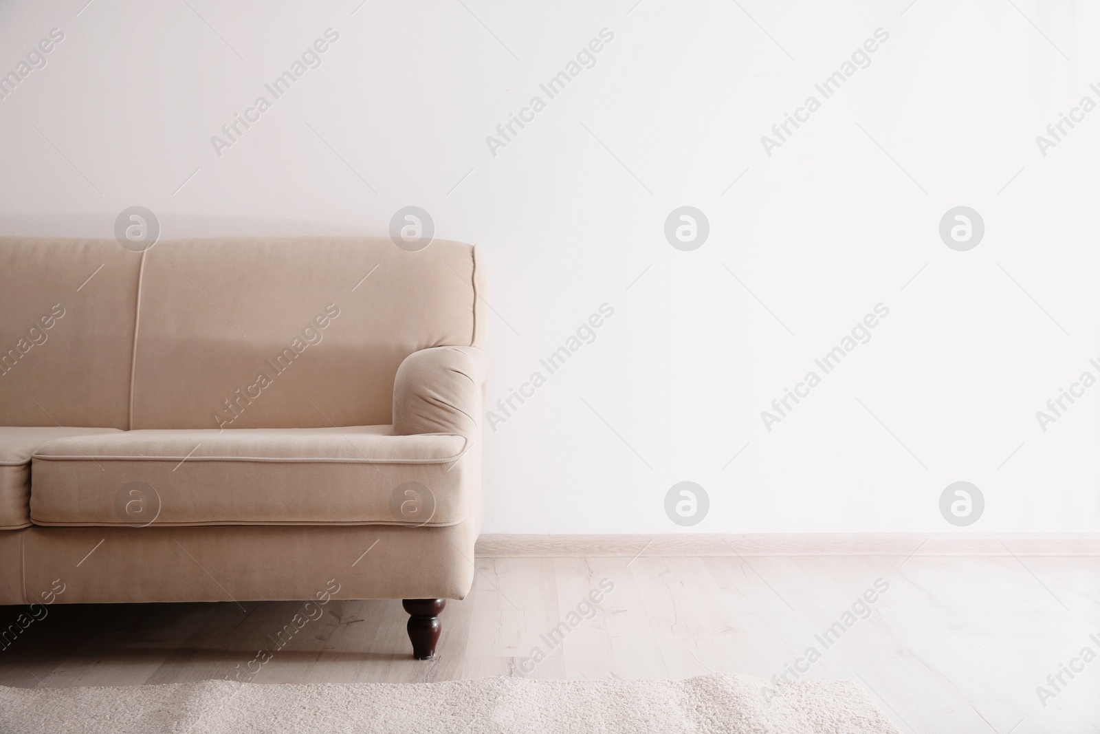 Photo of Simple living room interior with comfortable sofa near white wall. Space for text