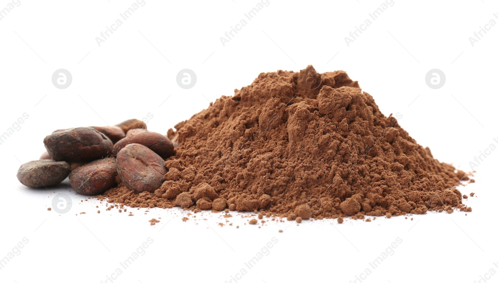 Photo of Cocoa powder and beans on white background