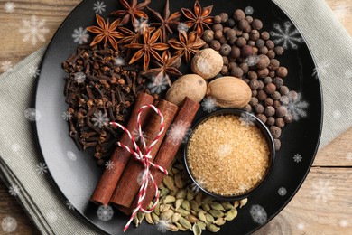 Image of Different spices on wooden table, top view. Cinnamon, anise, cloves, allspice, nutmegs, brown sugar, cardamom