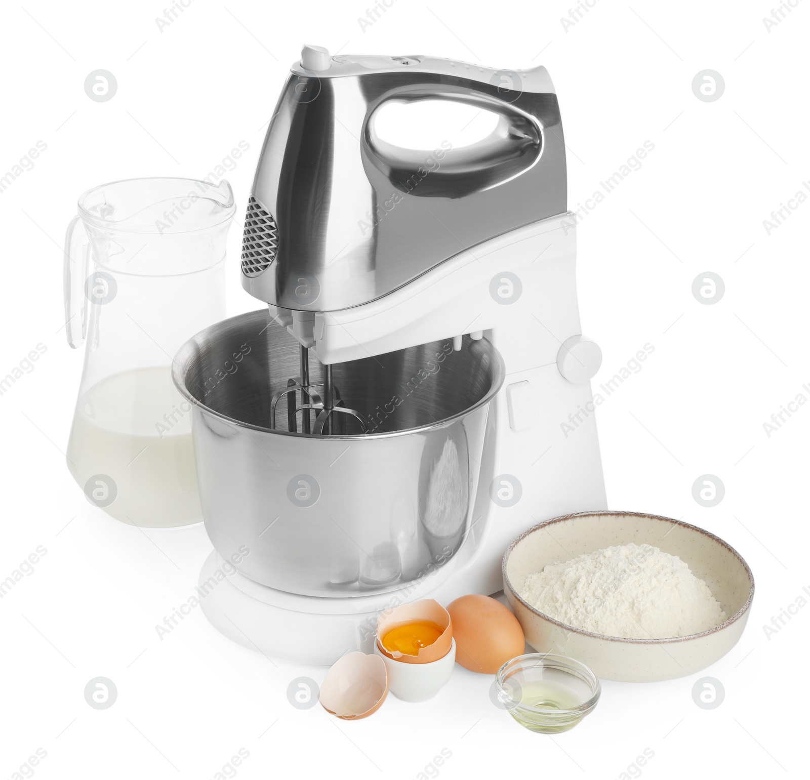 Photo of Stand mixer and different ingredients for dough isolated on white