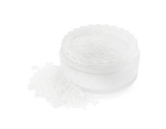 Photo of Loose face powder and rice isolated on white. Makeup product