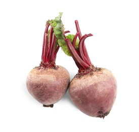 Photo of Fresh ripe beetroots on white background, top view