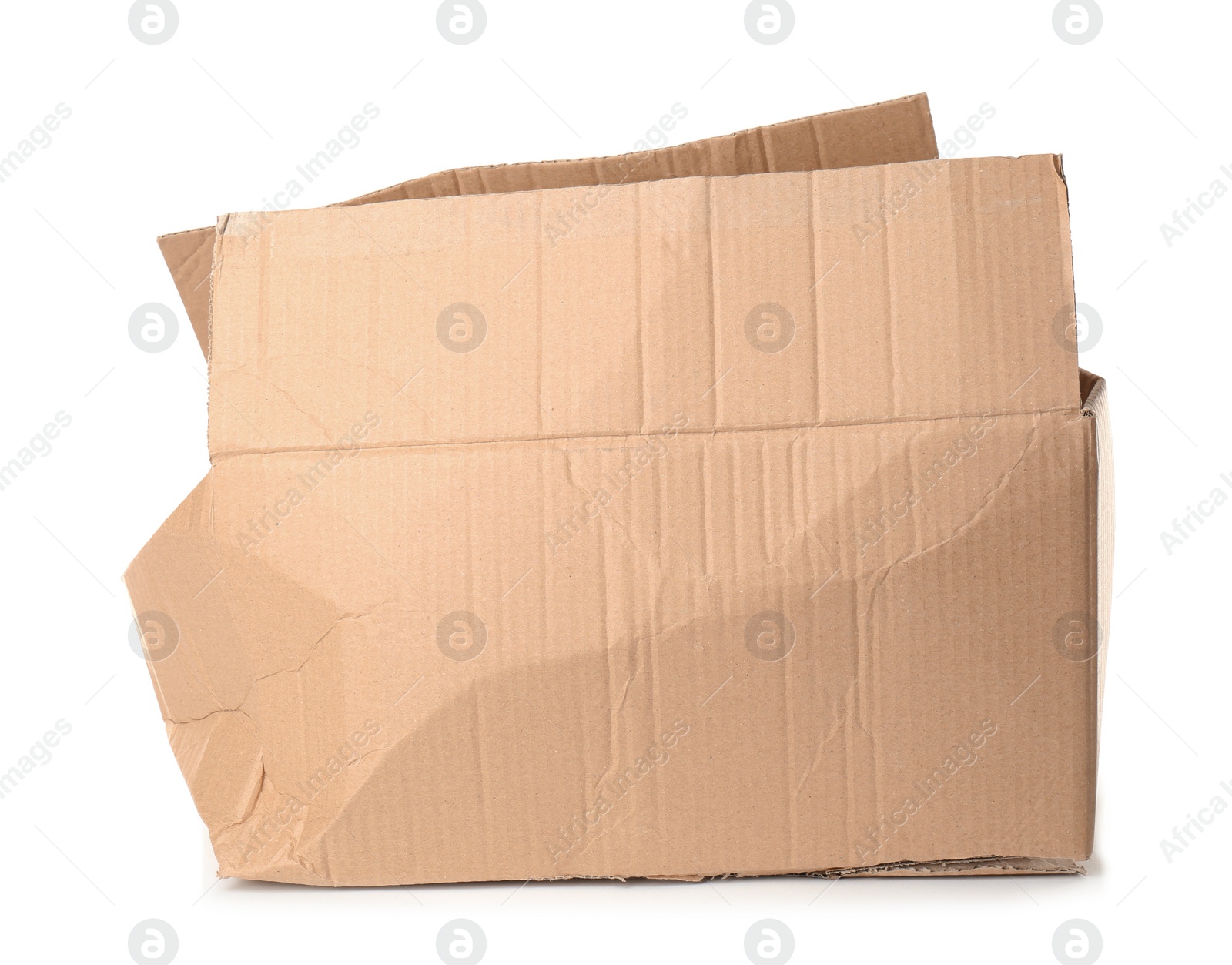 Photo of Crumpled brown cardboard box on white background. Recyclable material