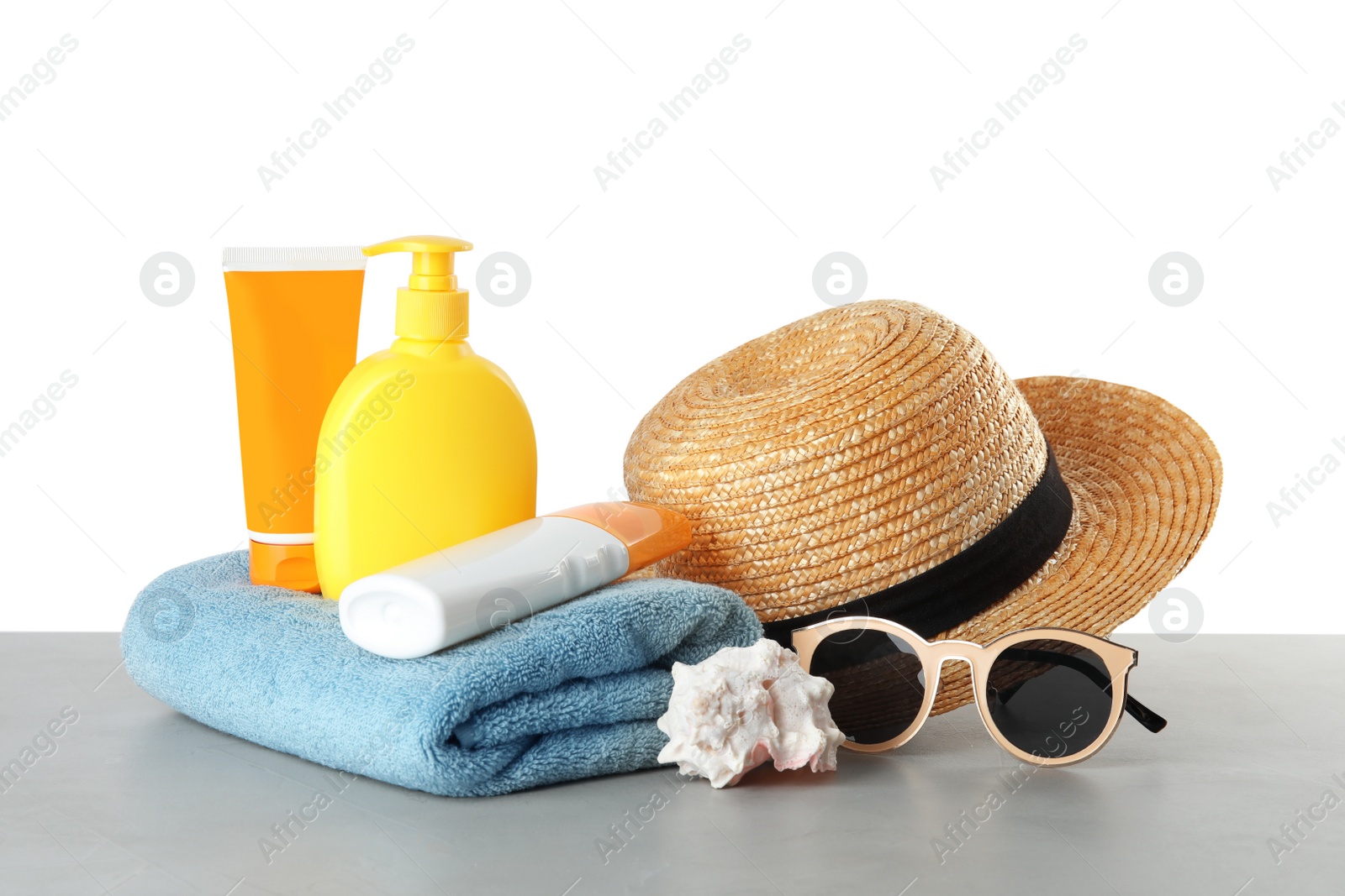 Photo of Composition with sun protection products on white background. Body care