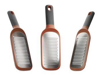 Image of Stainless steel graters on white background, collage