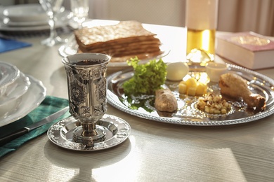 Table served for Passover (Pesach) Seder indoors