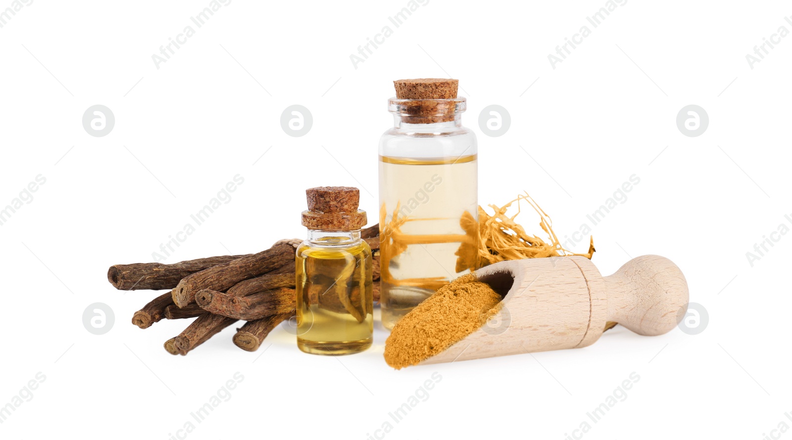 Photo of Dried sticks of licorice root, powder and essential oil isolated on white