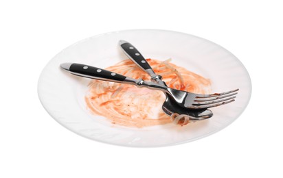 Dirty plate and cutlery on white background