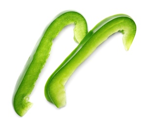 Slices of fresh green bell pepper on white background, top view