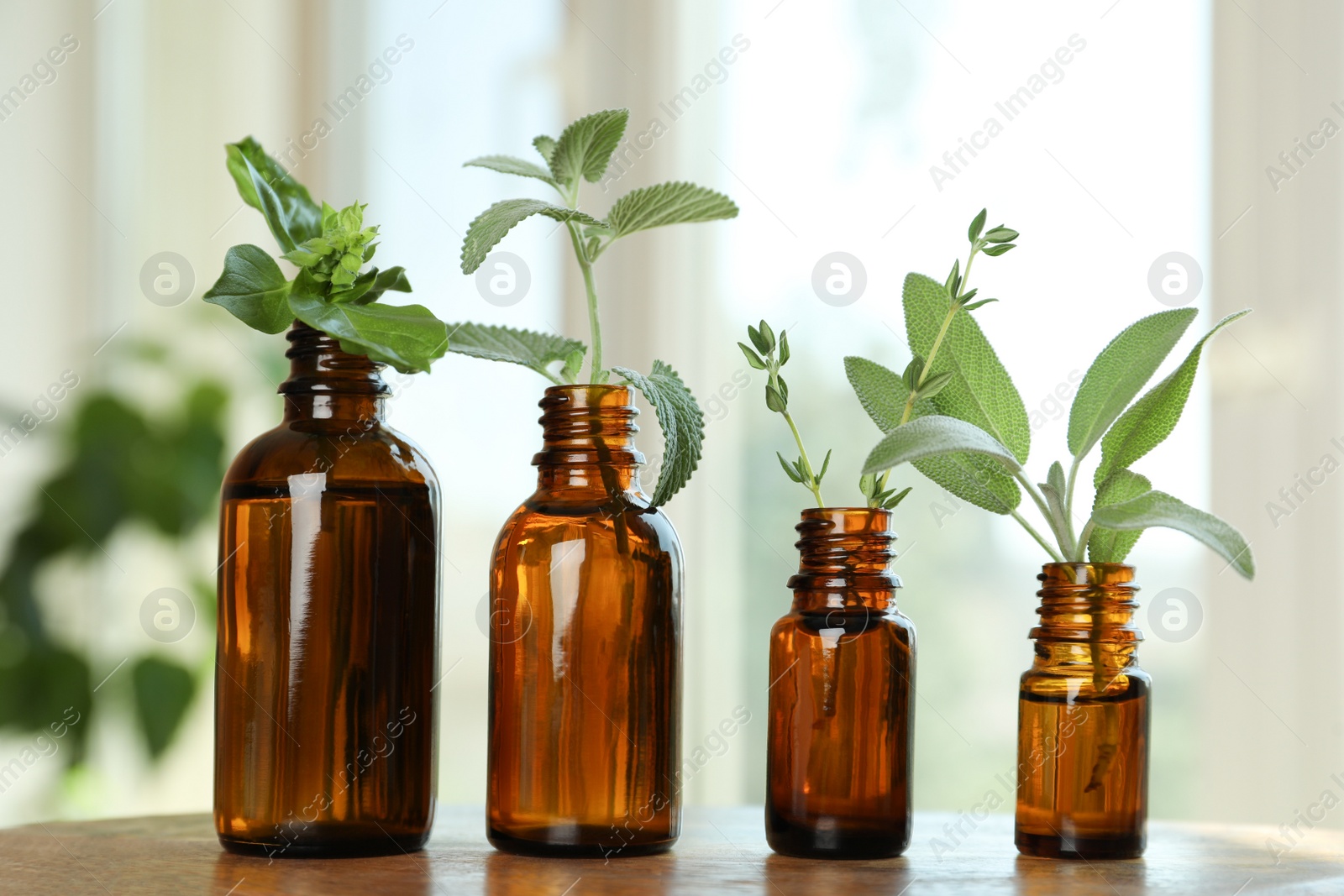 Photo of Bottles of essential with and fresh herbs on wooden table indoors