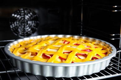 Traditional English apple pie on shelf of oven, closeup