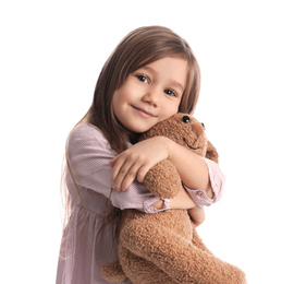 Photo of Portrait of cute little girl with toy bunny on white background
