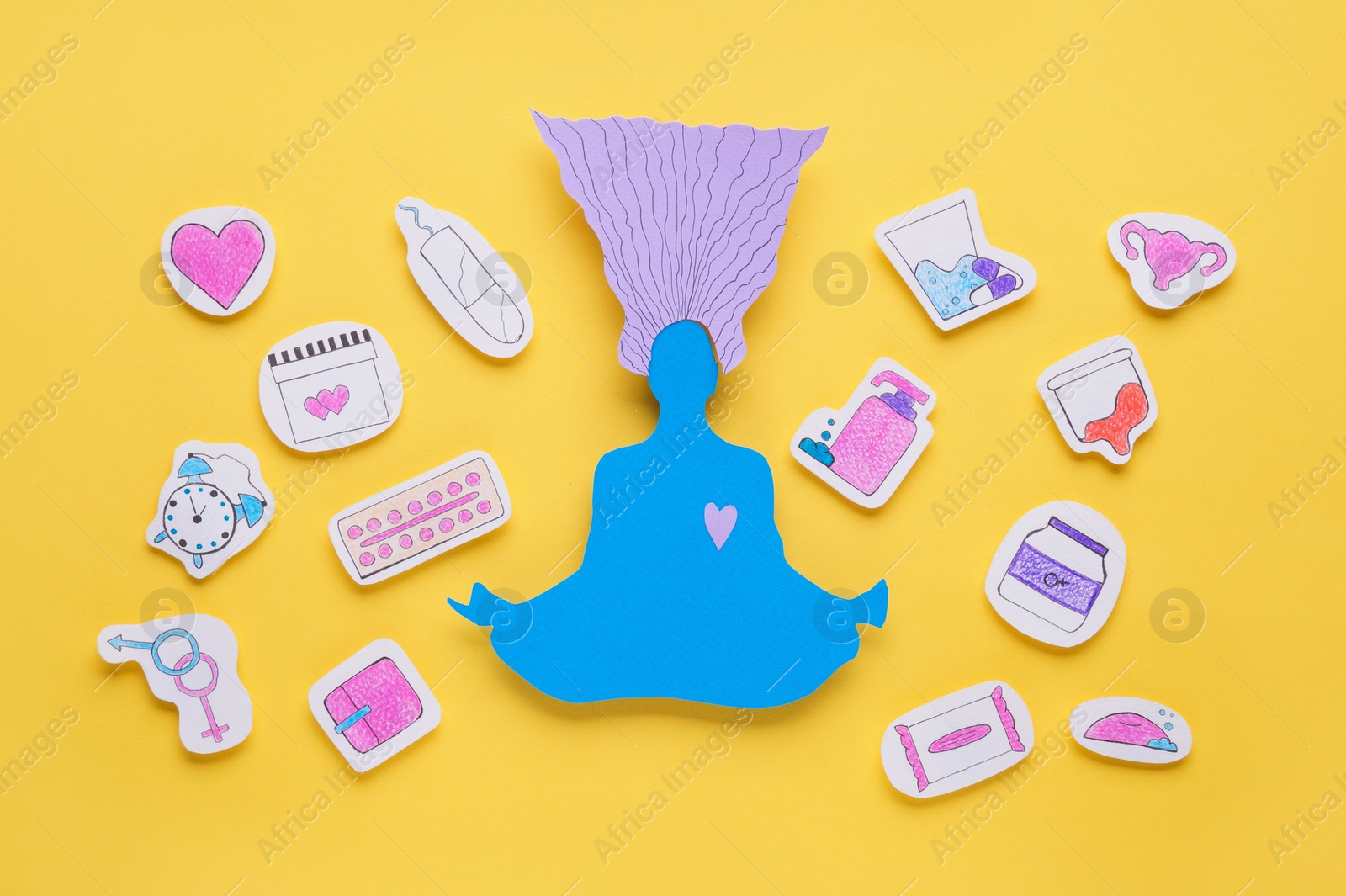 Photo of Woman's health. Female paper figure and different hygiene products on yellow background, flat lay