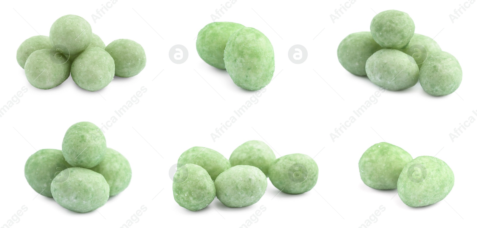 Image of Set with spicy wasabi coated peanuts on white background. Banner design