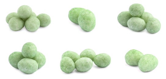 Image of Set with spicy wasabi coated peanuts on white background. Banner design