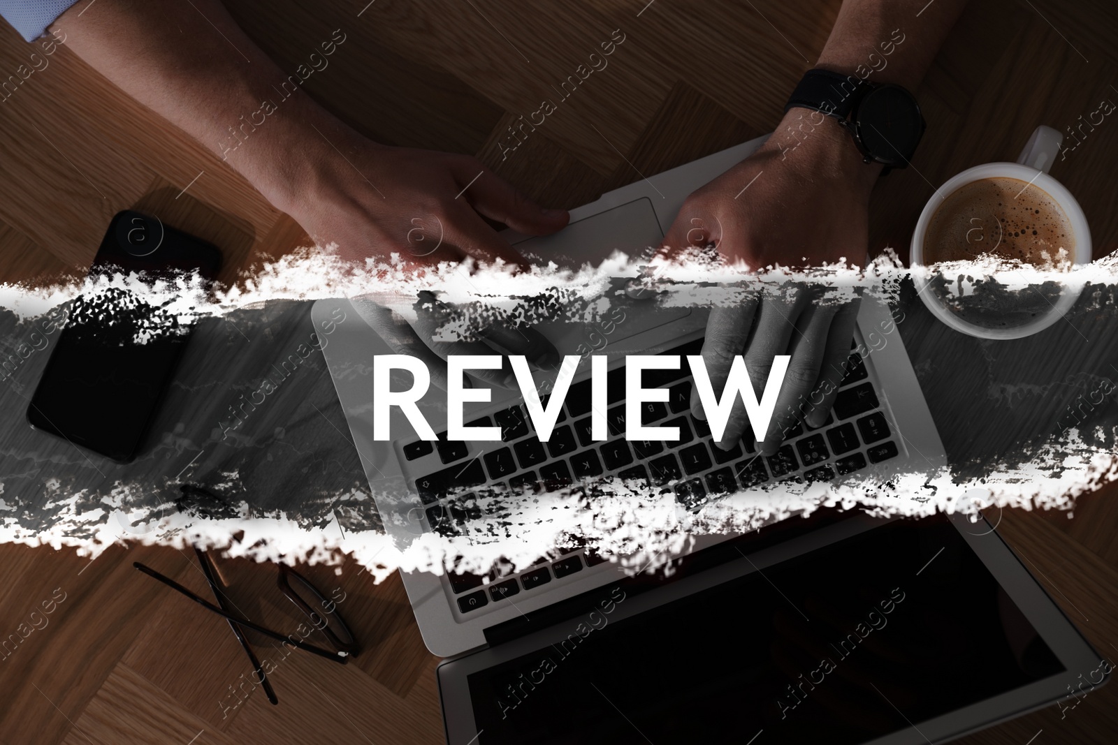 Image of Online review. Man using laptop to leave feedback, top view.