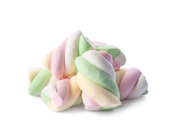 Pile of delicious colorful marshmallows on white background