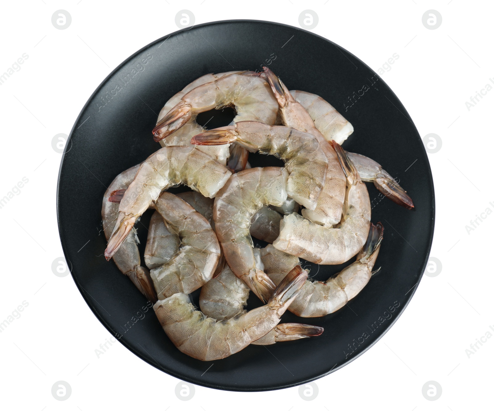 Photo of Plate with raw shrimps isolated on white, top view