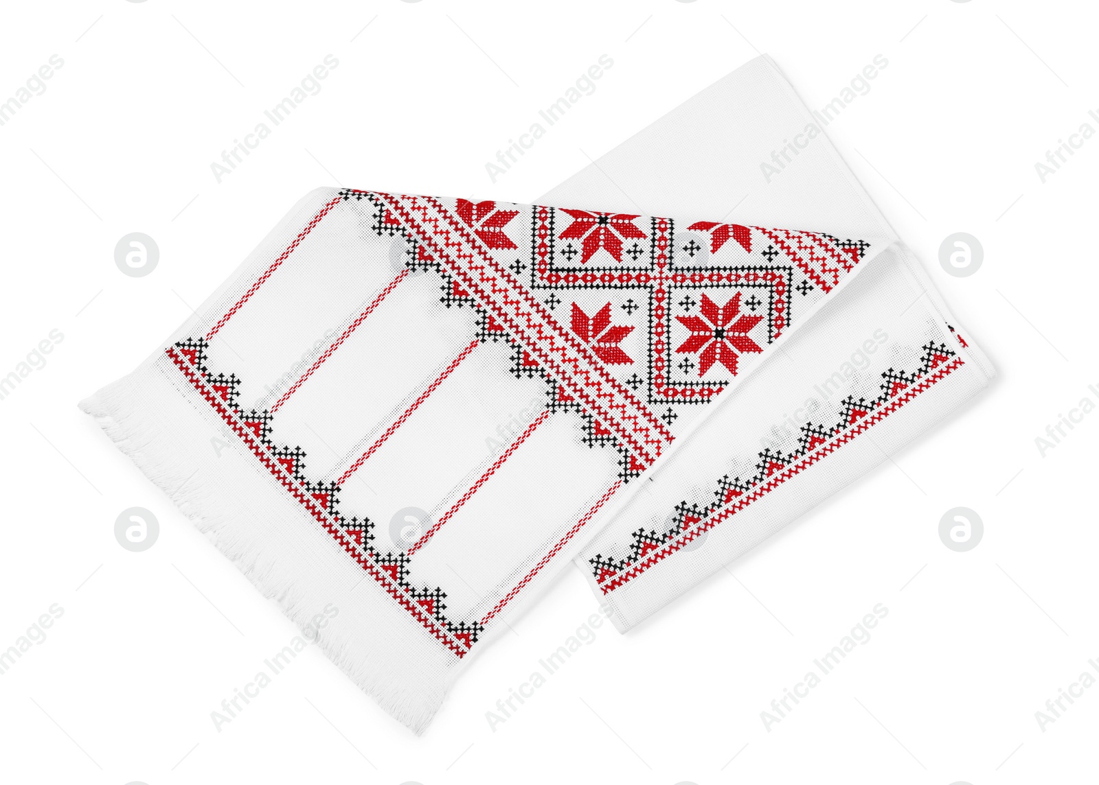 Photo of Beautiful rushnyk on white background, top view. Ukrainian national embroidery