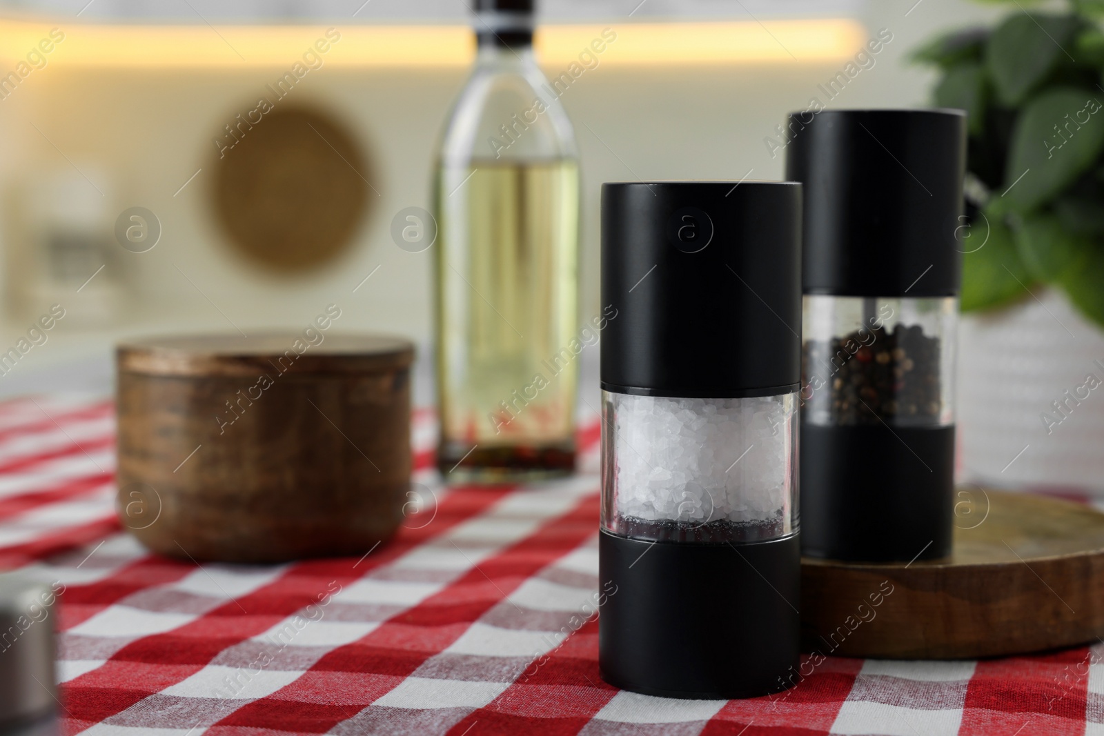 Photo of Salt and pepper shakers on table indoors, space for text