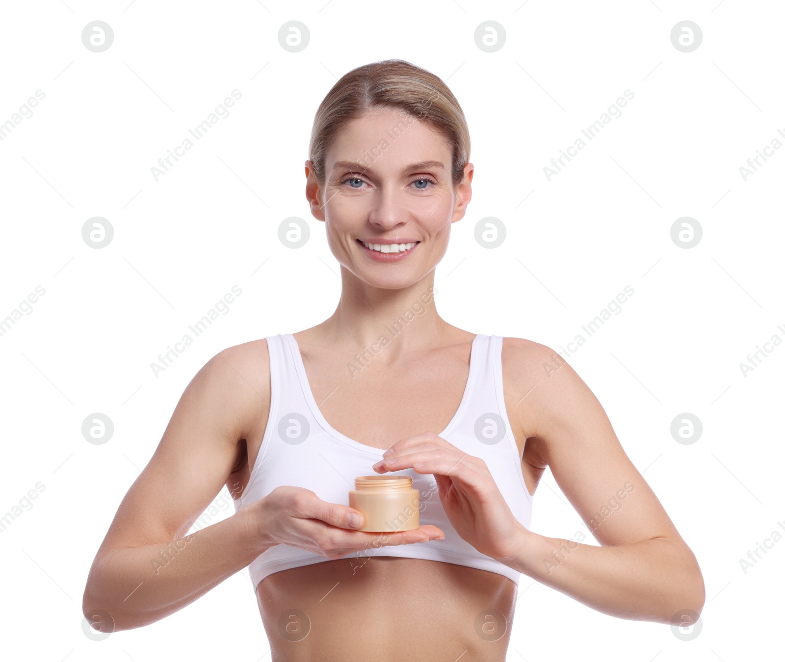 Photo of Woman with jar of body cream on white background