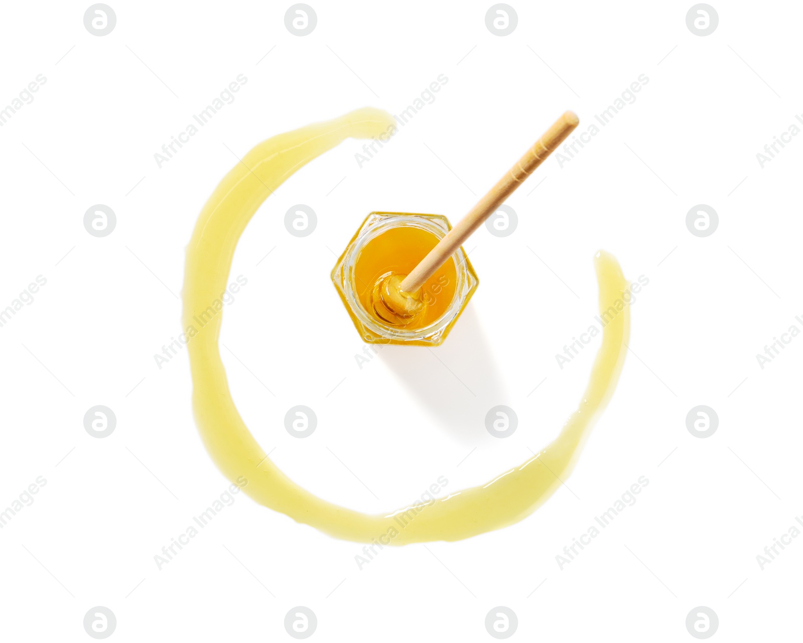 Photo of Jar with tasty natural honey and dipper on white background, top view