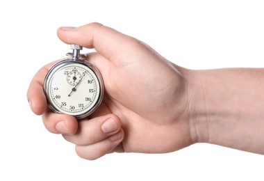 Man holding vintage timer on white background, closeup